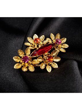 Vintage 1960's Austria Signed Red & Gold Floral Brooch With Rhinestones